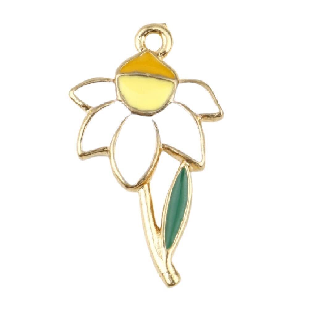 2740 10PC Gold-Plated Floral Enamel Alloy White Flower Charms Pendants